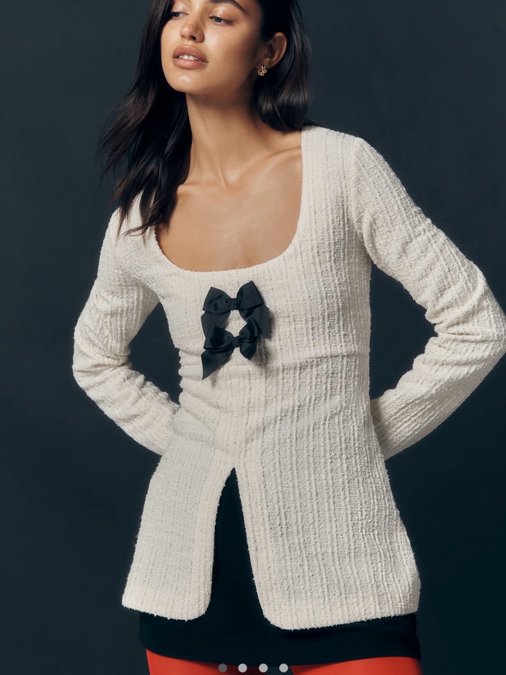 Maeve Cream Textured Scoop Neck Double Bow Detail